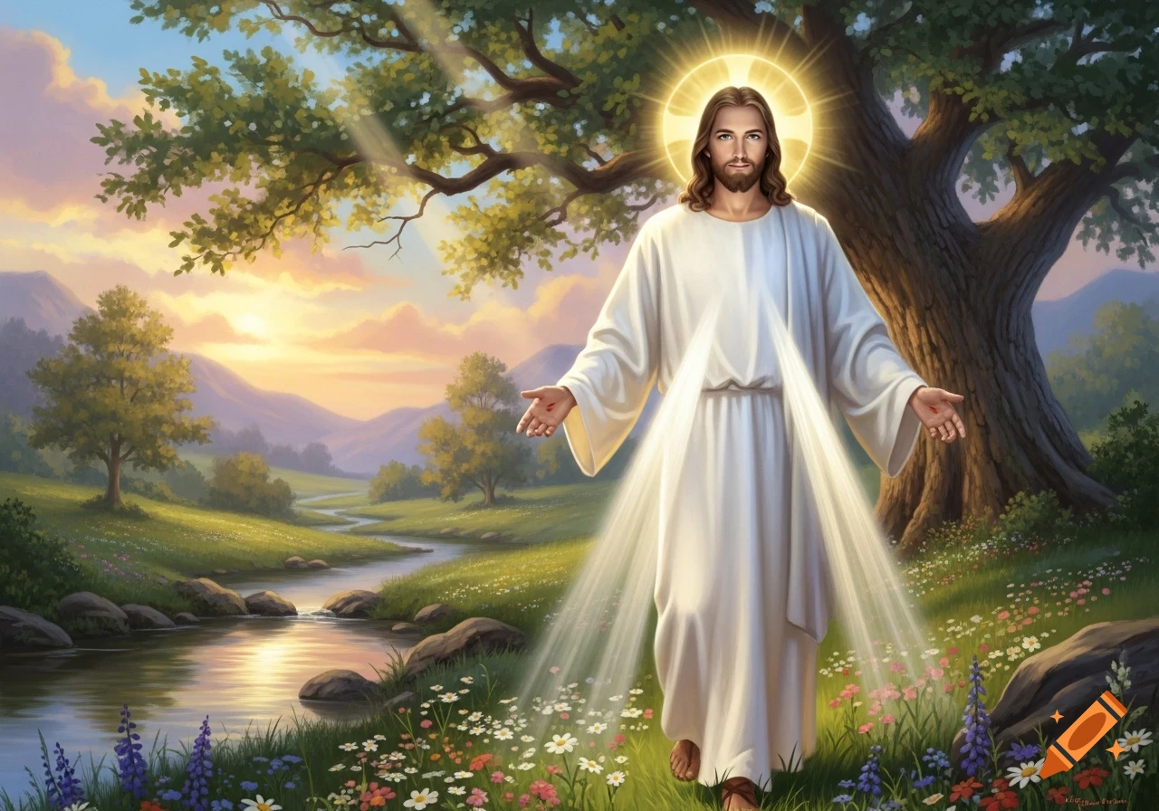 Jesus Christ with a halo and light, standing in a vibrant meadow with a river and trees at sunset.