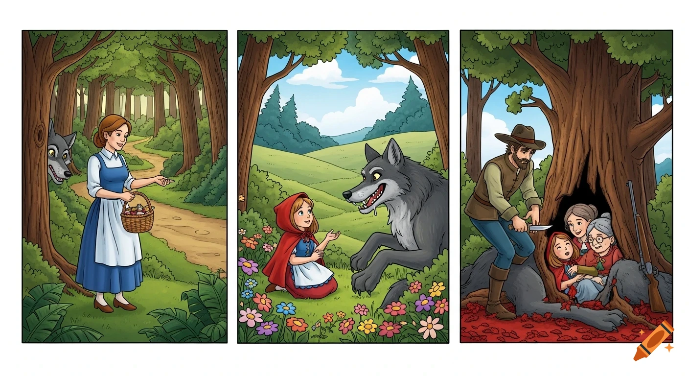 Three comic panels illustrating Little Red Riding Hood: a woman with a basket, the girl talking to a wolf, and a hunter rescuing the girl and grandmother from the wolf's belly.
