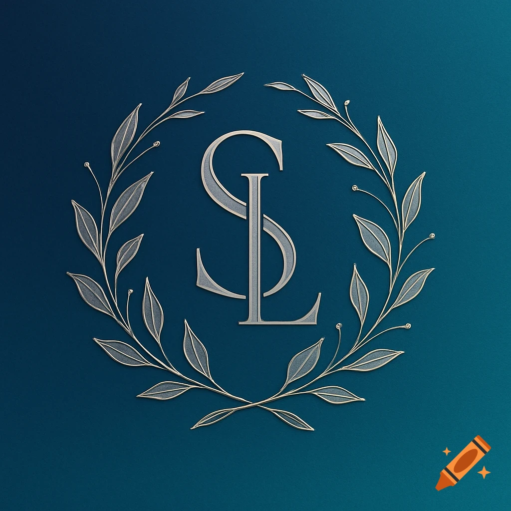 Silver metallic monogram of S and L letters within a leafy wreath on a dark teal background.