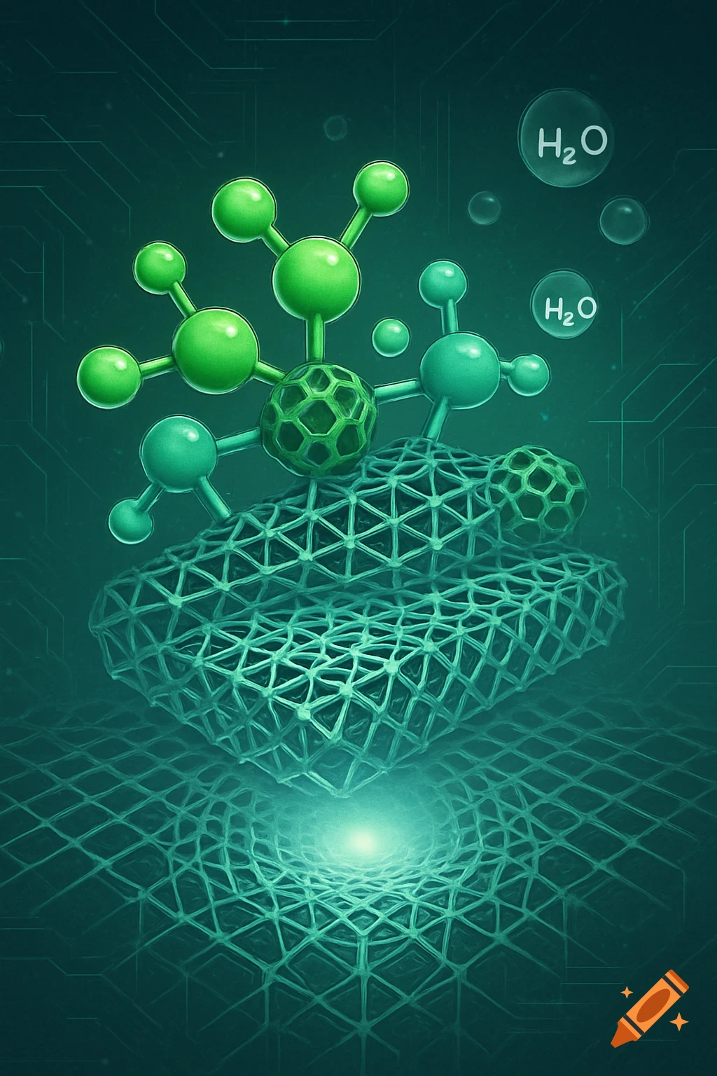 Green molecular structures and a mesh-like material over a glowing core with H₂O molecules, in a scientific illustration.