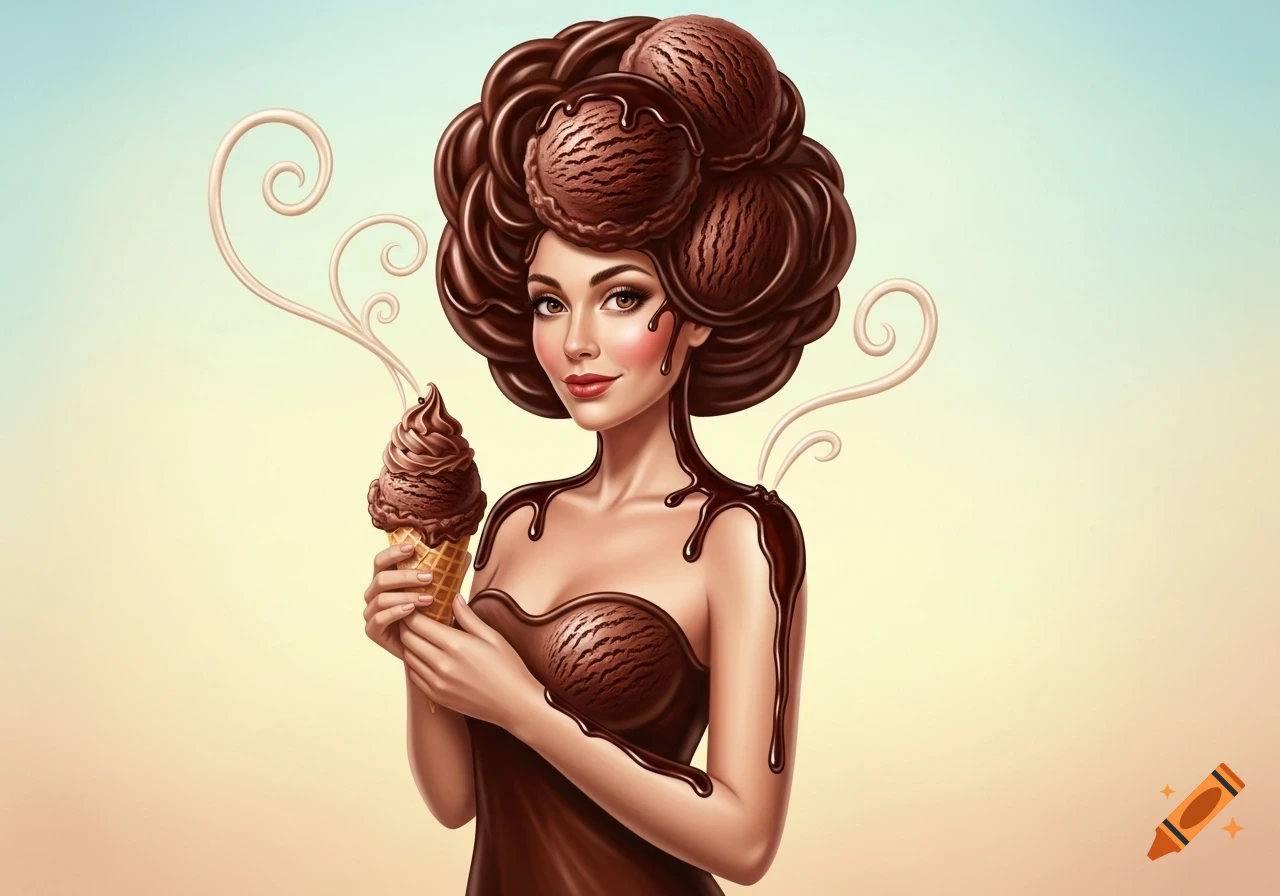 Fantasy illustration of a woman with chocolate ice cream hair and melted chocolate dress, holding an ice cream cone.