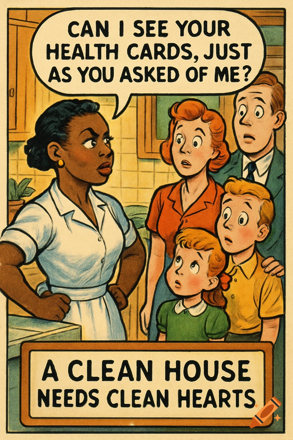 Vintage illustration of an African American maid asking a white family for their health cards, with text about clean hearts.