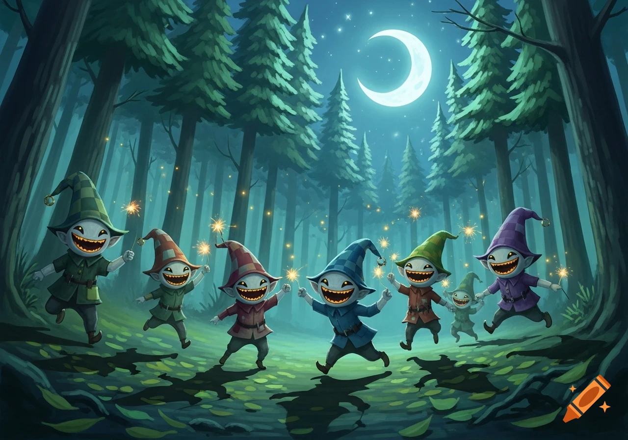 Group of cheerful, cartoonish goblins with wide smiles and pointy hats dance in a dark forest under a crescent moon, holding sparklers.