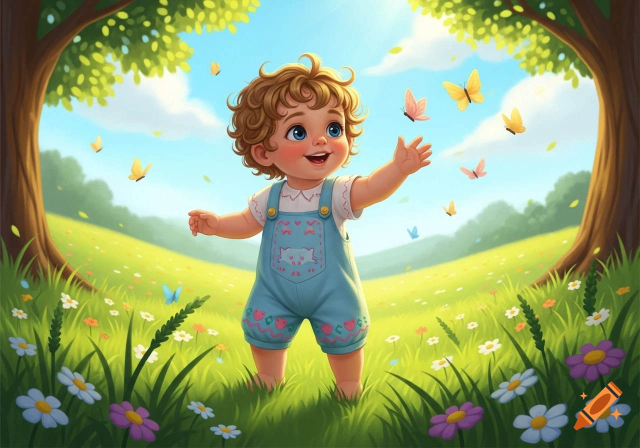 A cheerful toddler in blue overalls reaches for butterflies in a sunny green field with flowers and trees, in a cute cartoon style.