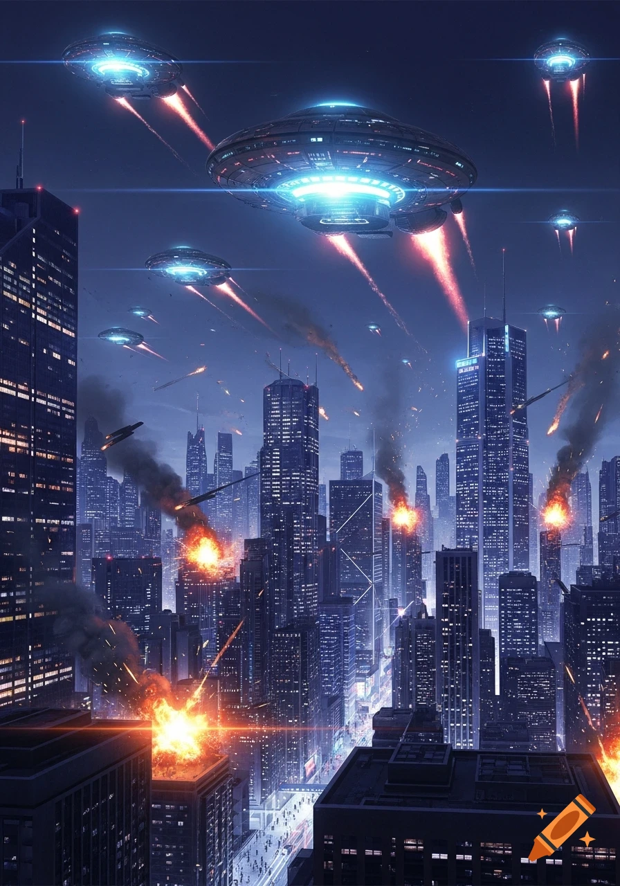 Futuristic city under attack by multiple glowing UFOs, with explosions and smoke rising from skyscrapers at night.