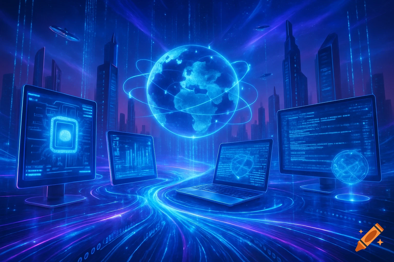 A futuristic cityscape with a glowing blue globe at the center, surrounded by multiple computer monitors, a laptop, and light streams.