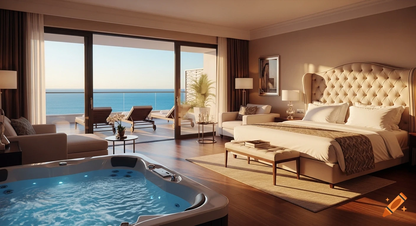 A luxurious hotel room features a king-size bed, private lounge, a jacuzzi, and a terrace with an ocean view.