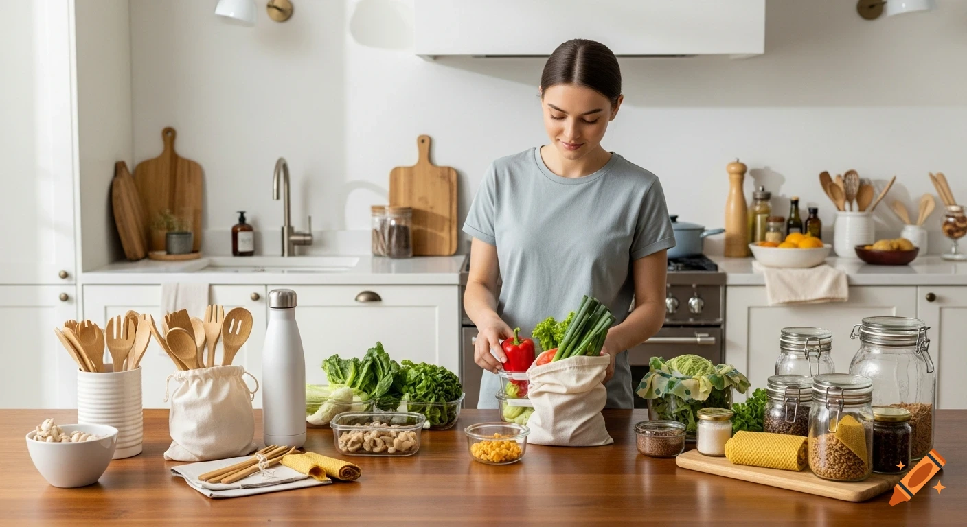 A woman in a bright, modern kitchen places vegetables into reusable containers, surrounded by zero-waste items.