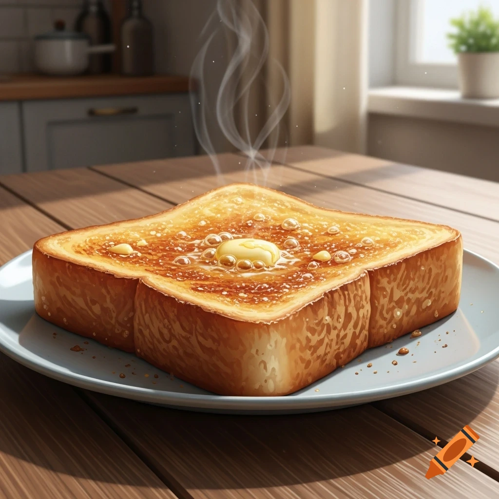 Steaming toast with melting butter and bubbles on a plate, on a wooden table in a kitchen.