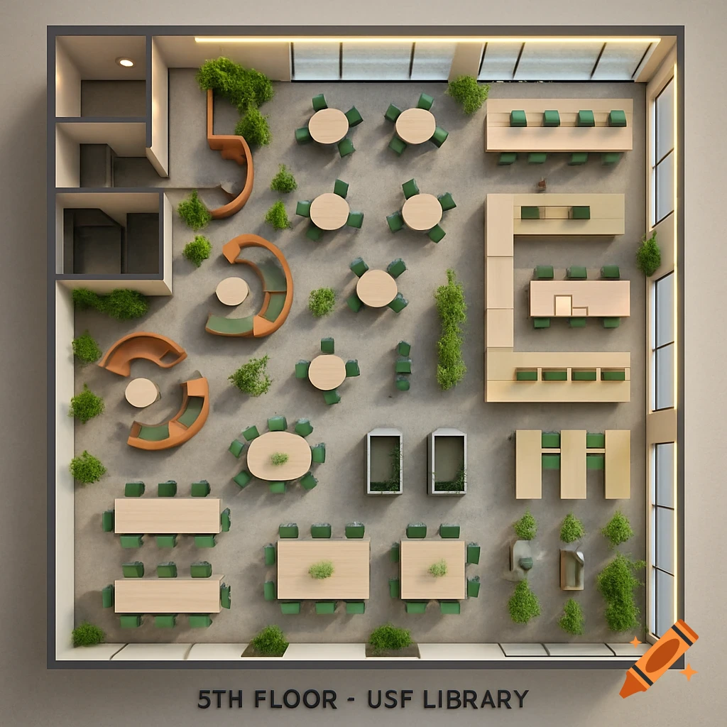 Overhead view of a modern library floor plan on the 5th floor, showing various seating, tables, and green plants.