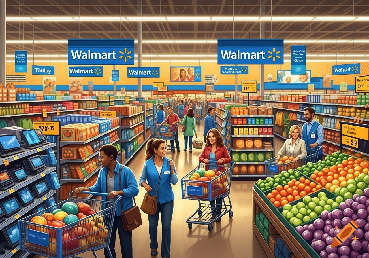 An illustrative overhead view of a bustling Walmart grocery store with shoppers pushing carts, brightly lit aisles, and displays of produce and packaged goods.