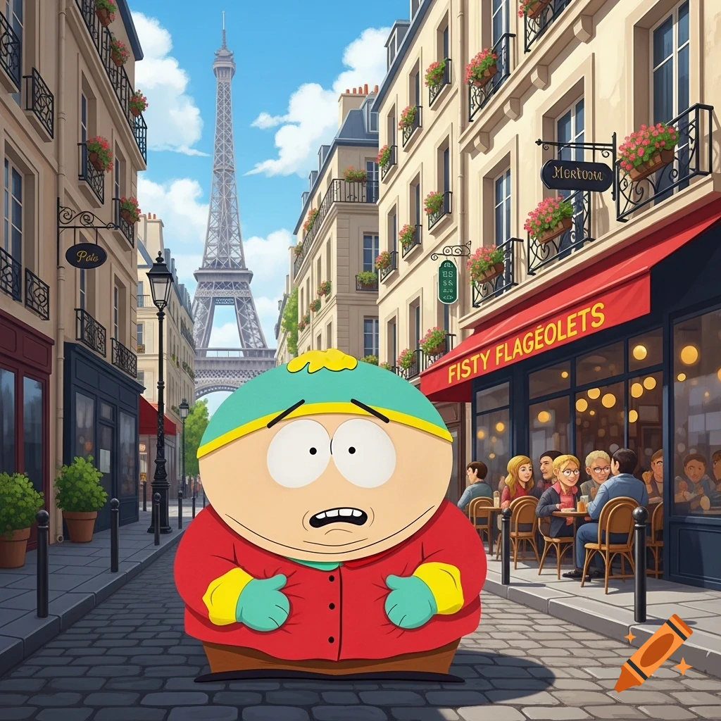Cartman from South Park stands uncomfortably on a Parisian cobblestone street, with the Eiffel Tower in the background and a cafe with a "Fisty Flageolets" sign.