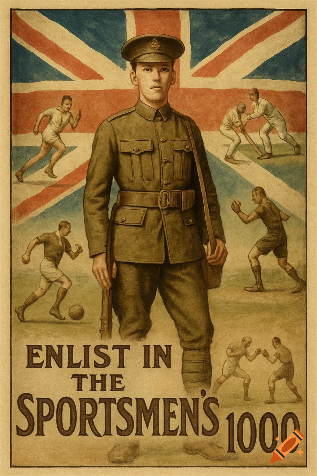 A vintage recruitment poster shows a young soldier in uniform standing proudly against a Union Jack flag, surrounded by various athletes. Text reads: "Enlist in the Sportsmen's 1000."