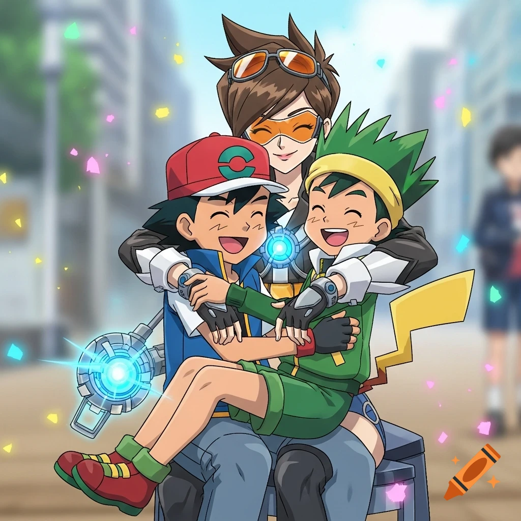 Tracer, Ash Ketchum, and Gon Freecss hug and laugh, with Ash and Gon sitting on Tracer's lap, in an anime style.