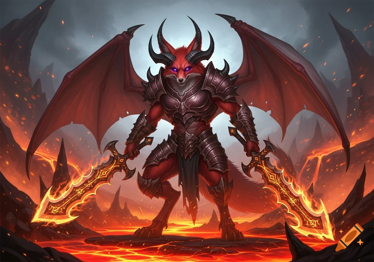 A red fox-demon in dark armor with bat wings and horns, dual wielding flaming swords in a fiery hellscape.