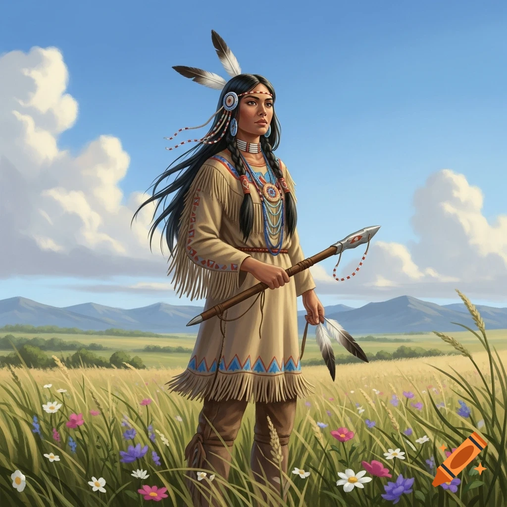 A Native American woman in traditional fringed attire and feathers stands in a wildflower field, holding a spear under a blue sky.