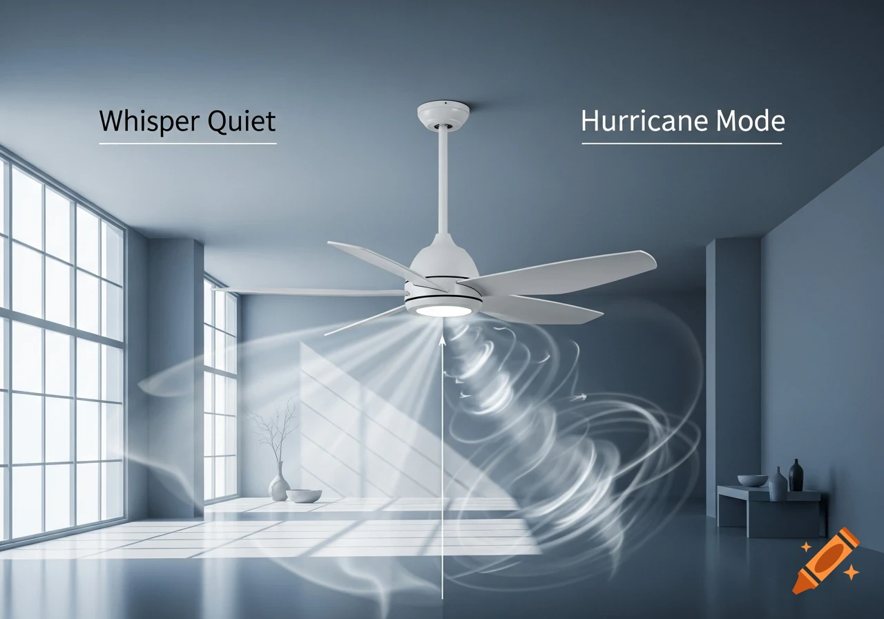 A white ceiling fan in a minimalist grey room, with 'Whisper Quiet' above a gentle upward airflow and 'Hurricane Mode' above a swirling powerful airflow.