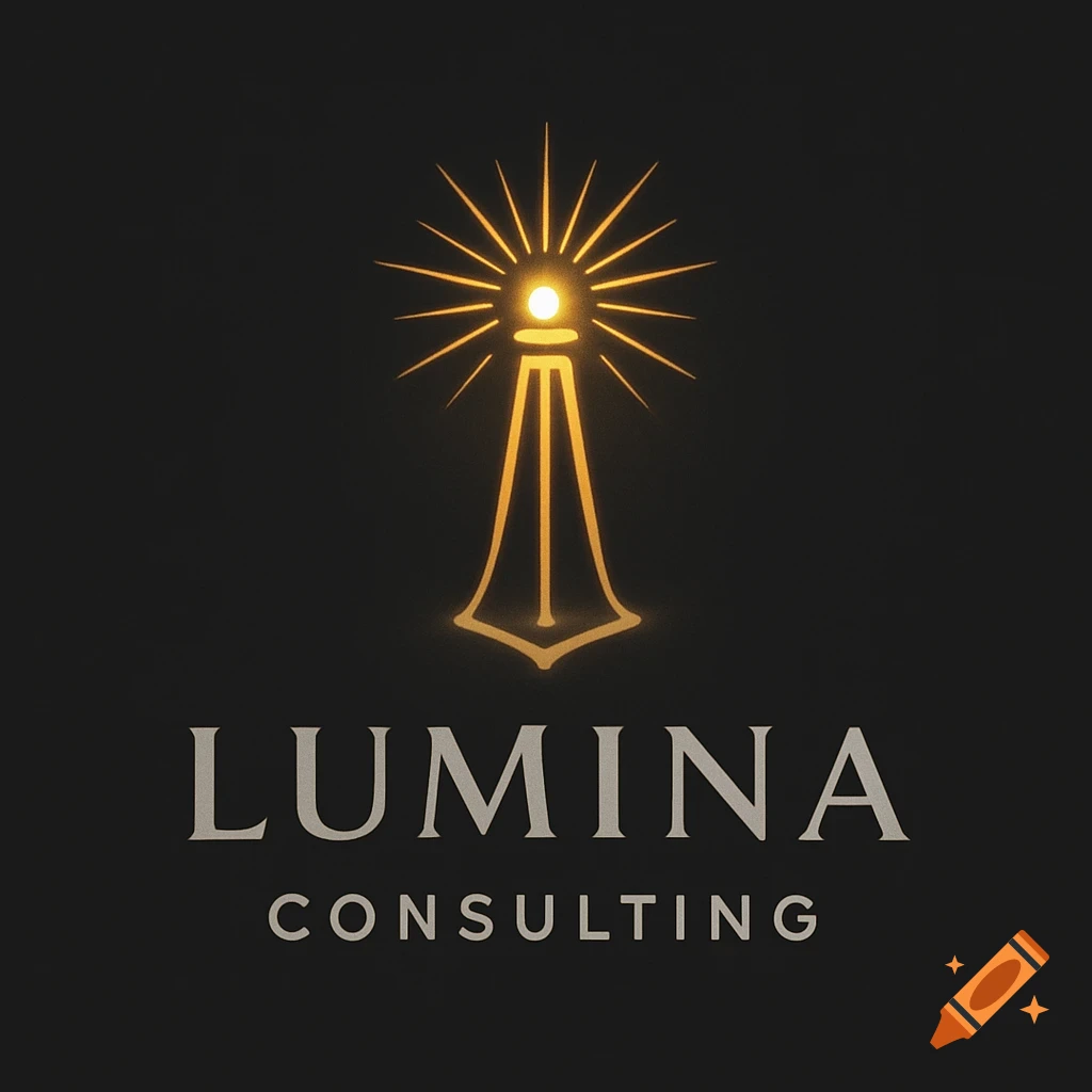 Minimalist logo for Lumina Consulting featuring a stylized golden light beacon radiating warmth on a dark background.