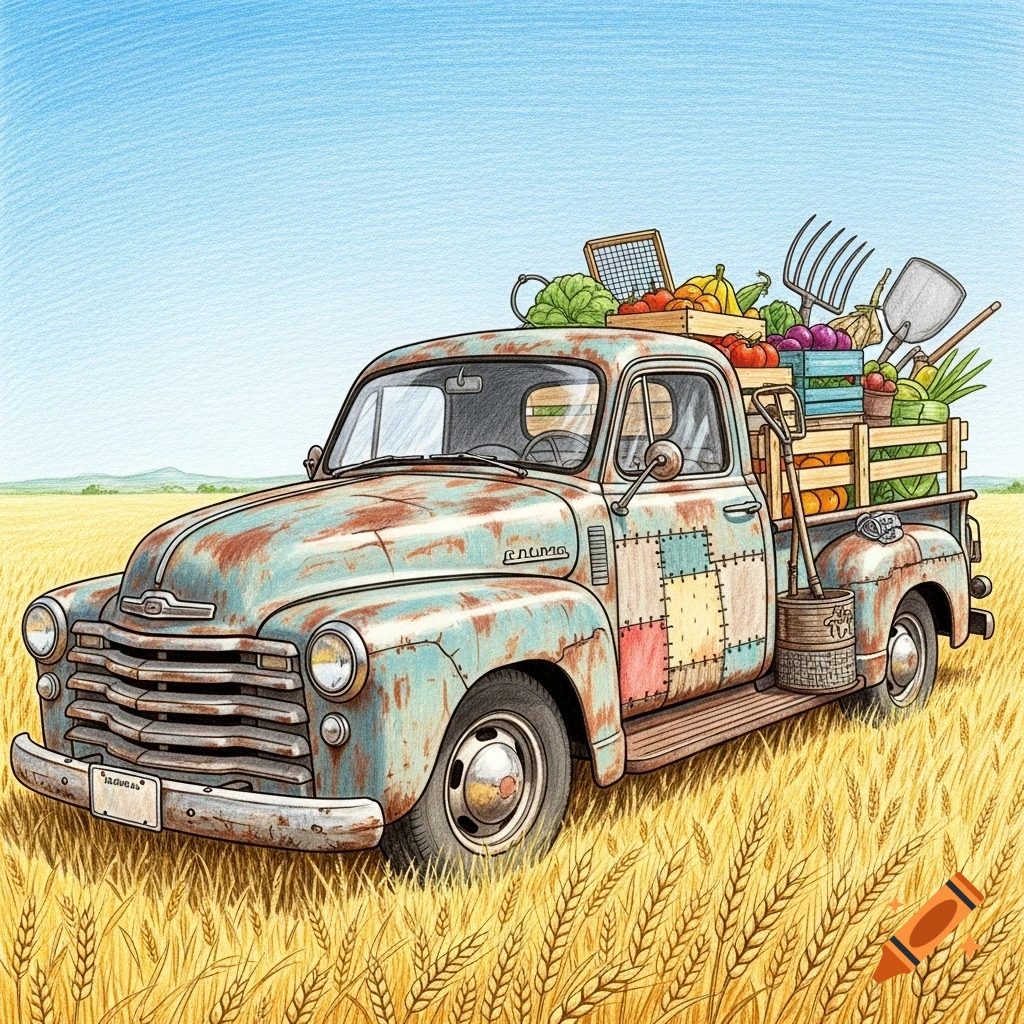 A colorful pencil sketch of an old, rusty pickup truck overflowing with farm produce and tools, parked in a golden wheat field under a blue sky.