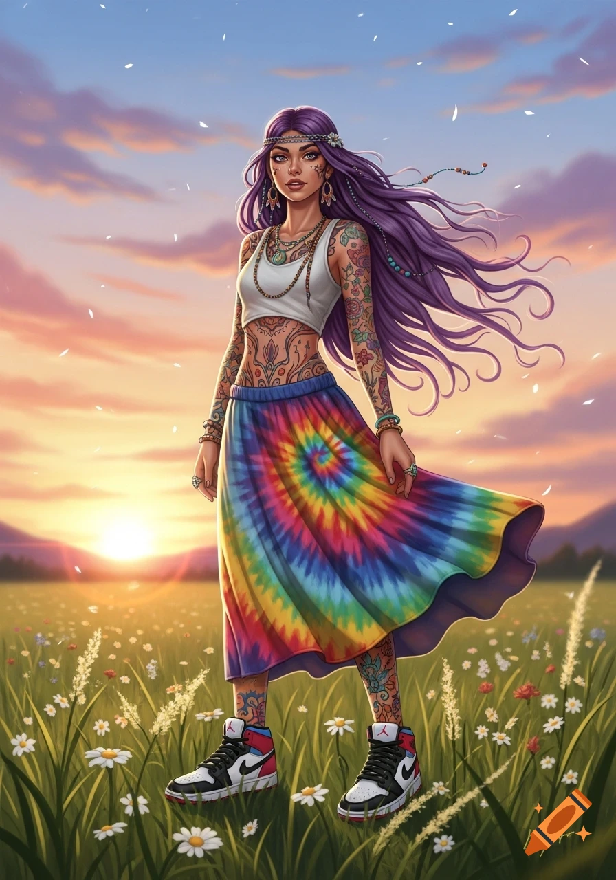 A stylized hippie girl with purple hair and tattoos wears a crop top, tie-dye skirt, and sneakers in a flower-filled field at sunset.