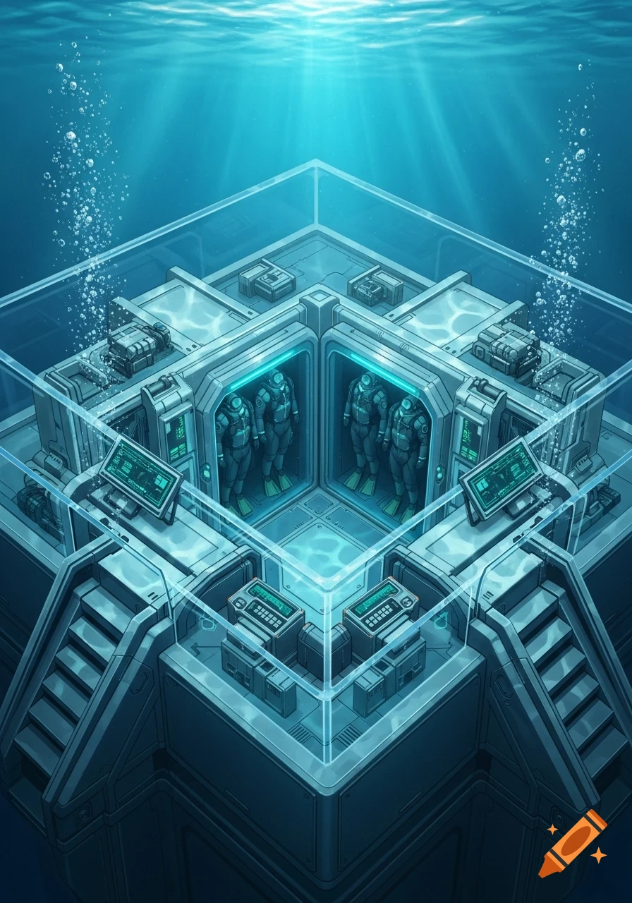 An isometric illustration of a futuristic underwater research base with ...
