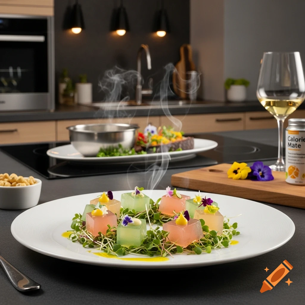 Colorful jelly cubes with sprouts and flowers steam on a plate in a modern kitchen, with a wine glass and a 'Calorie Mate' can.