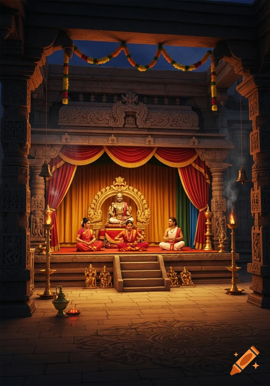 A ceremonial stage inside a South Indian temple with a golden deity, traditional decor, and people seated around lamps.