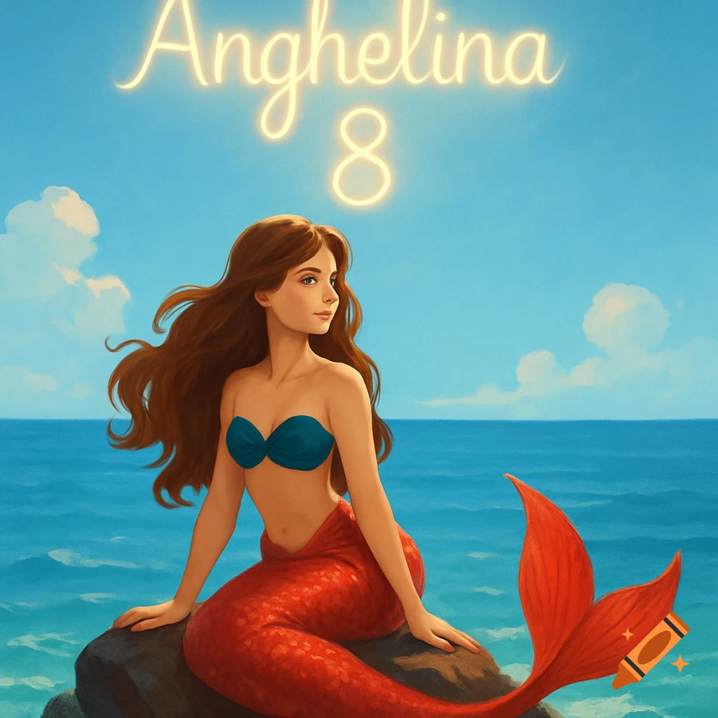 An illustration of a mermaid with brown hair, blue top, and red tail sitting on a rock in the ocean. "Anghelina 8" glows in the blue sky.