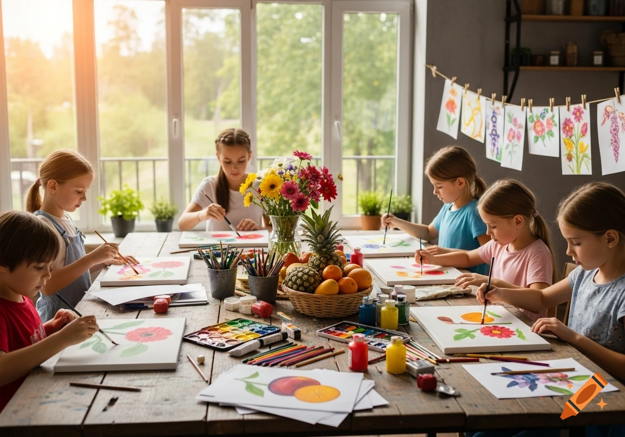 Group of children painting at a long wooden table filled with art supplies, fruit, and flowers, by a sunlit window.