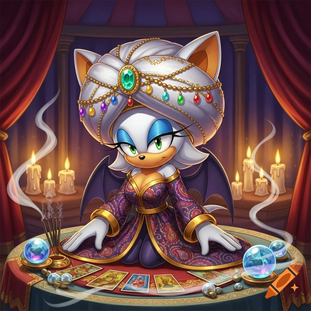 Rouge the Bat as a fortune teller, wearing a jeweled turban, seated at a table with tarot cards, crystal balls, and lit candles.