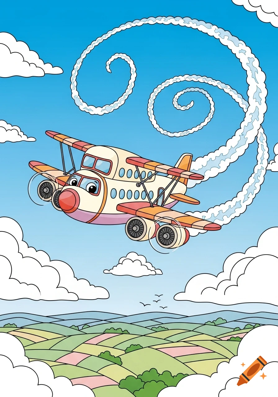 Cartoon biplane with a friendly face flies above colorful fields, leaving spiral smoke trails in a blue sky.