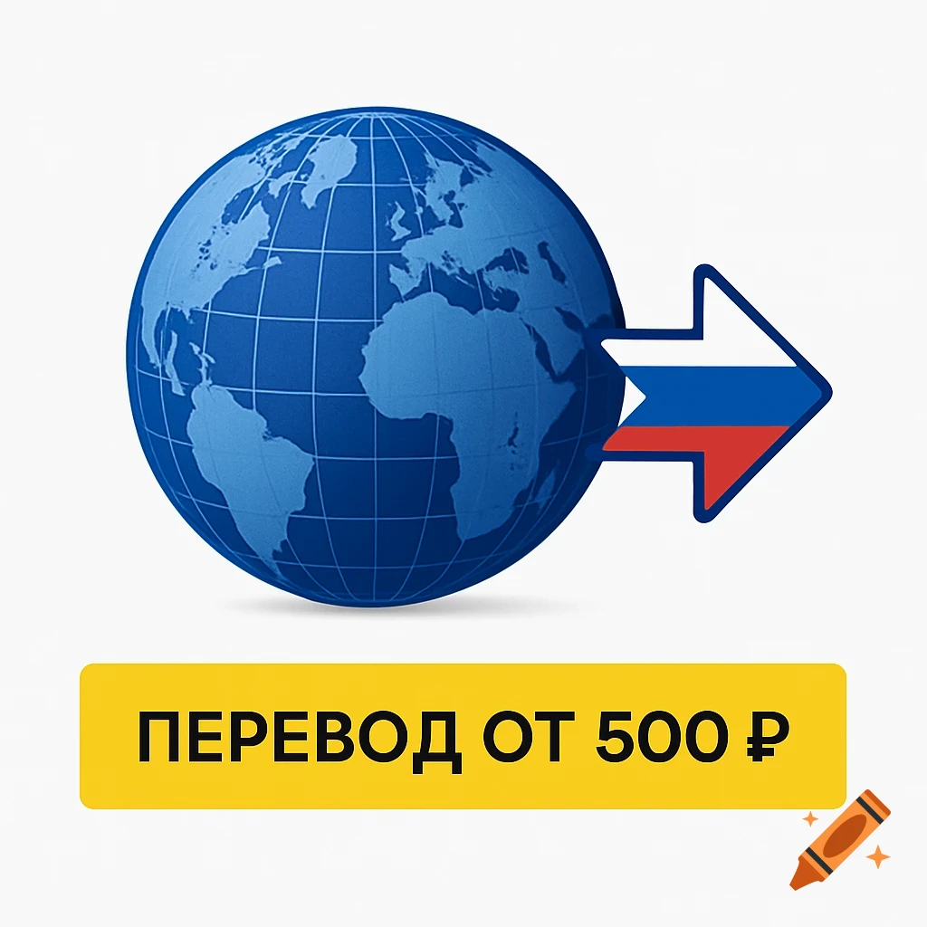 Minimalist blue globe with Russian flag arrow, and a yellow banner reading 'Translation from 500 ₽'.