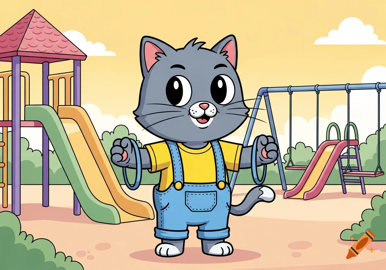 A cute grey cartoon cat wearing blue overalls and a yellow shirt, holding blue hoops, stands in a colorful playground with slides and swings.
