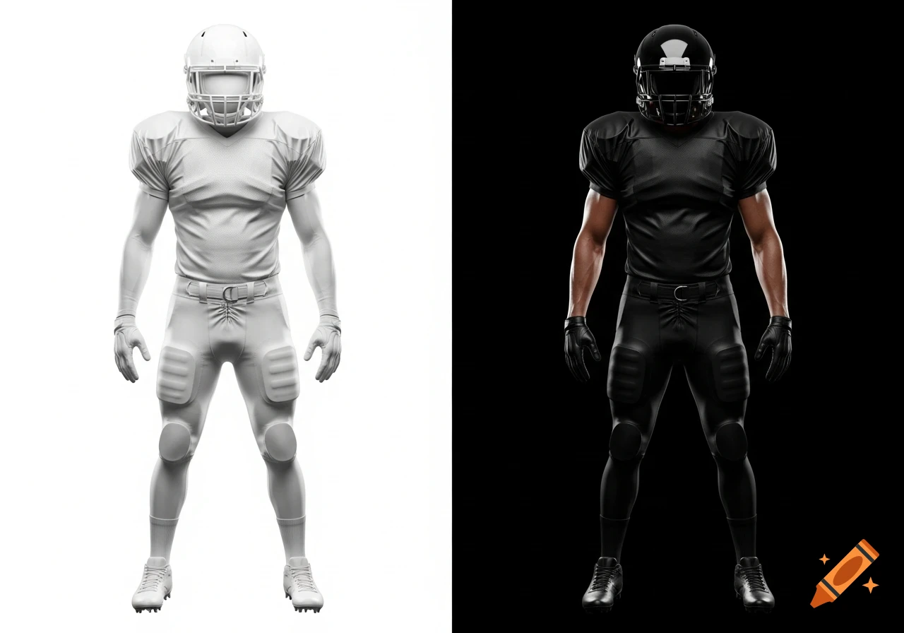 Two American football players stand side-by-side, one in an all-white uniform on a white background, the other in an all-black uniform on a black background.