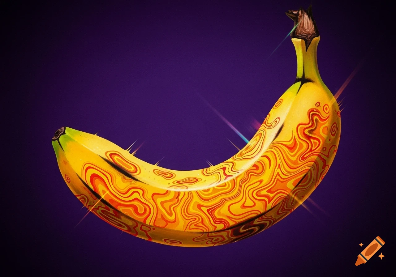 A yellow banana with red and orange wavy, psychedelic patterns and small spikes on a purple background, in an acrylic paint art style.