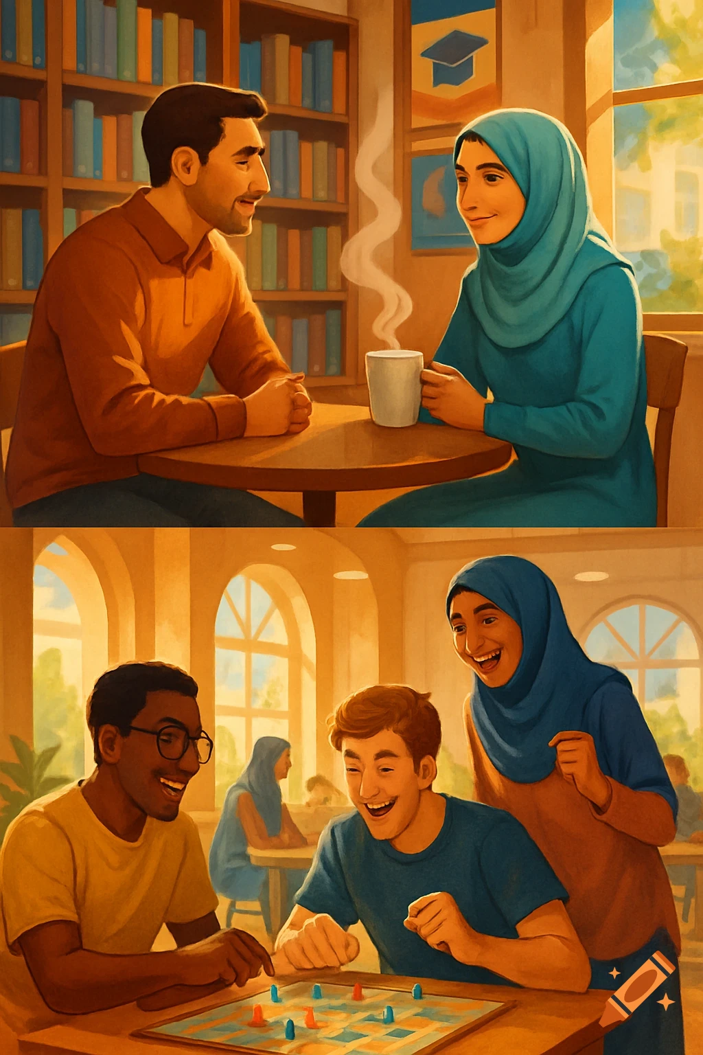 A vibrant AI illustration split into two panels showing diverse students. Top: a man and a woman in a hijab talk in a library. Bottom: three students laugh playing a board game.