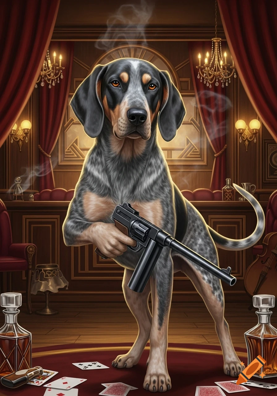 A stylized Bluetick Coonhound, resembling a gangster, stands in a luxurious room holding a tommy gun. Playing cards and liquor bottles are on the floor.