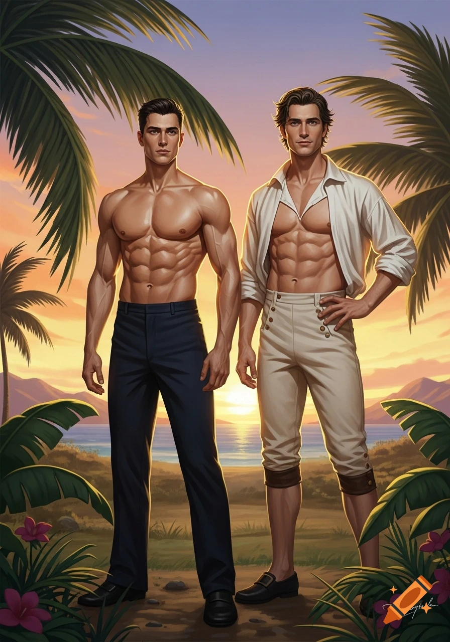 Two muscular men with bare torsos stand on a tropical beach at sunset with palm trees in digital art style.