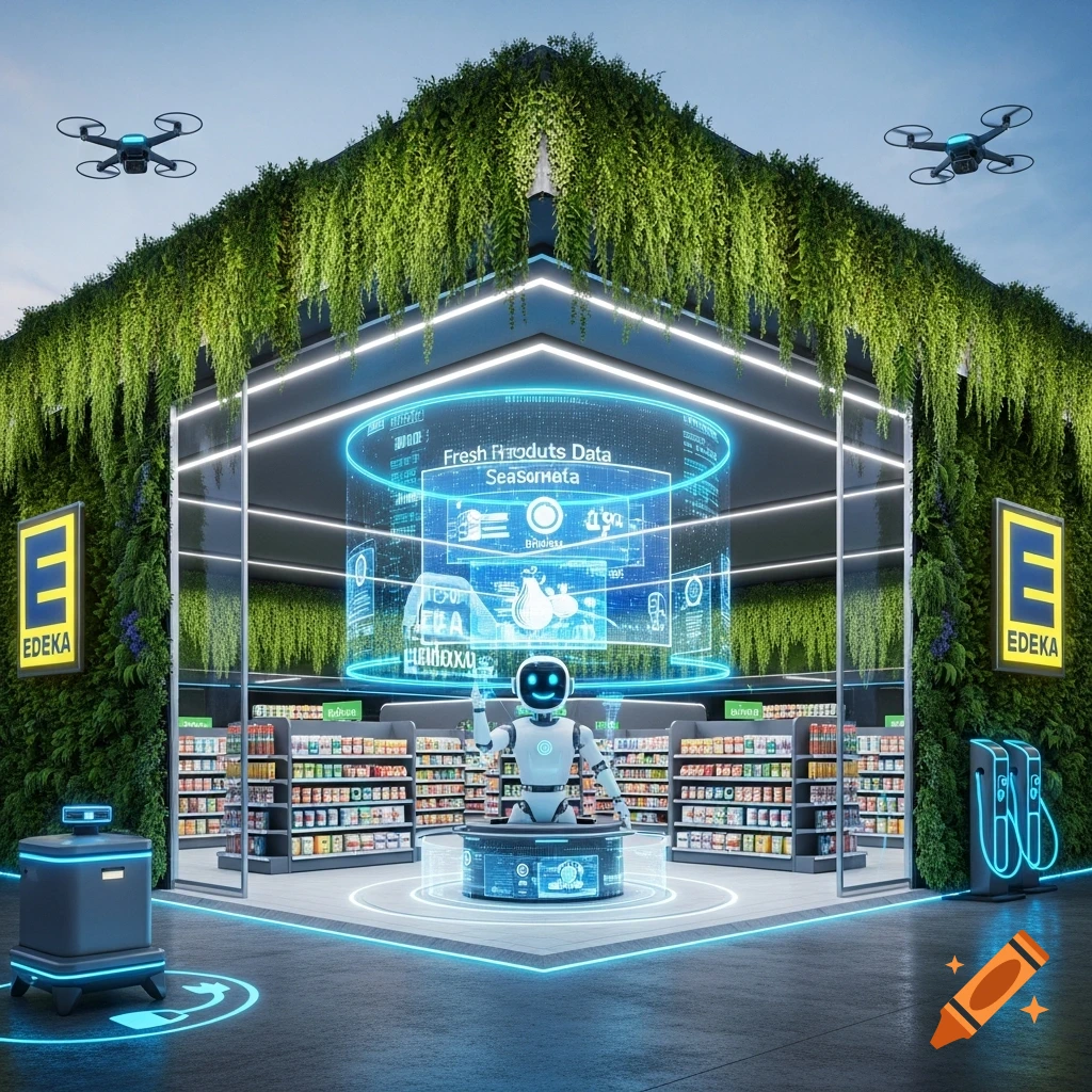 A futuristic EDEKA supermarket with vertical gardens, a robot cashier, holographic displays, a delivery robot, and drones flying above.