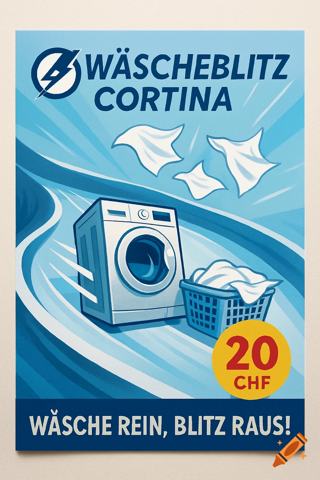 A stylized blue and white flyer advertising a laundry service with a washing machine, laundry basket, and the text 'WÄSCHEBLITZ CORTINA' and '20 CHF'.