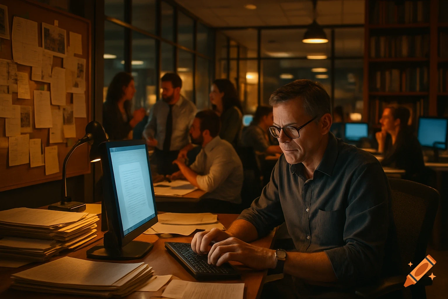 A male journalist in glasses types on a computer in a dimly lit office, with blurred colleagues chatting in the background.