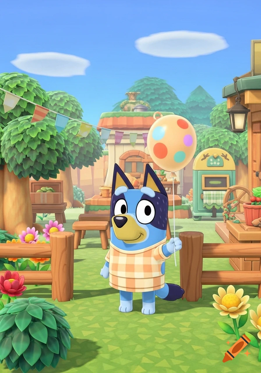 Bluey, dressed in a plaid shirt, stands in an Animal Crossing village holding a spotted balloon.