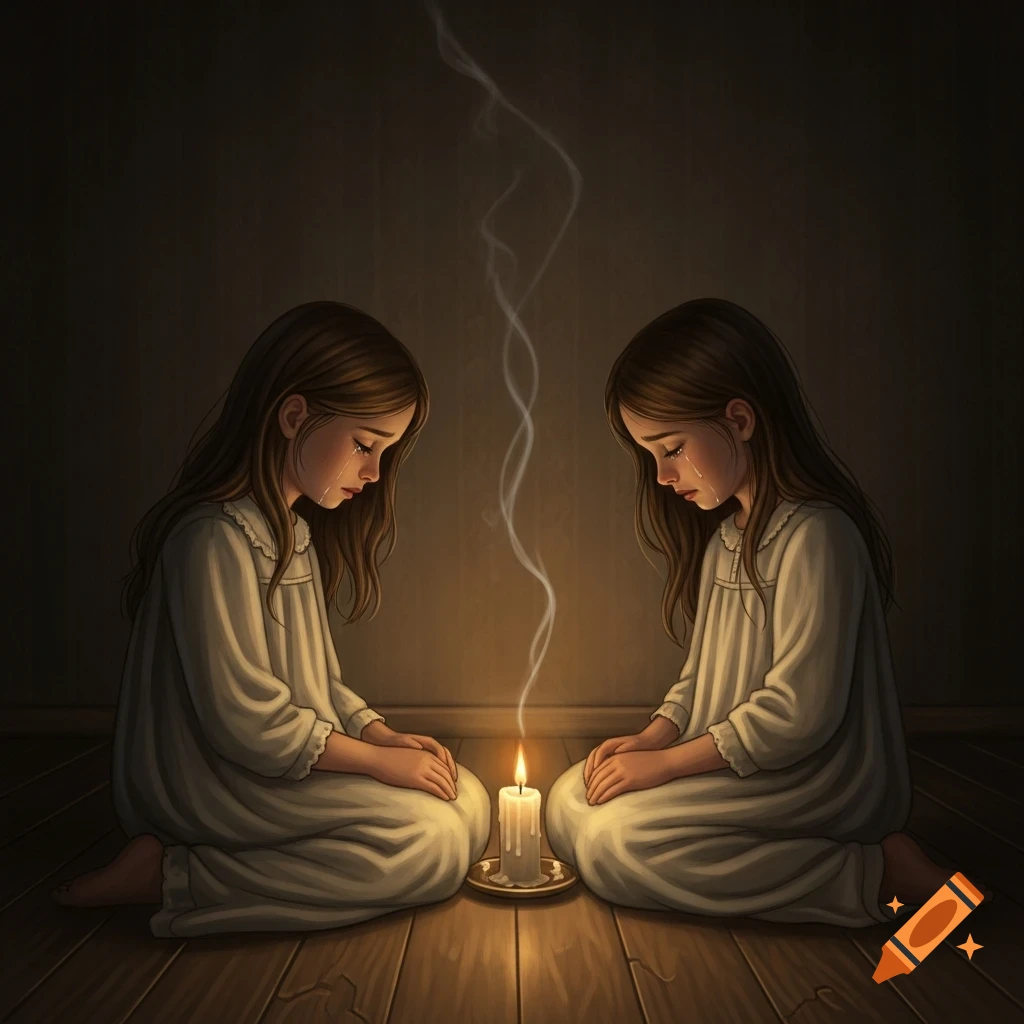 Two young girls in white nightgowns kneel and cry facing each other, with a lit candle and smoke between them in a dark room. Digital art.