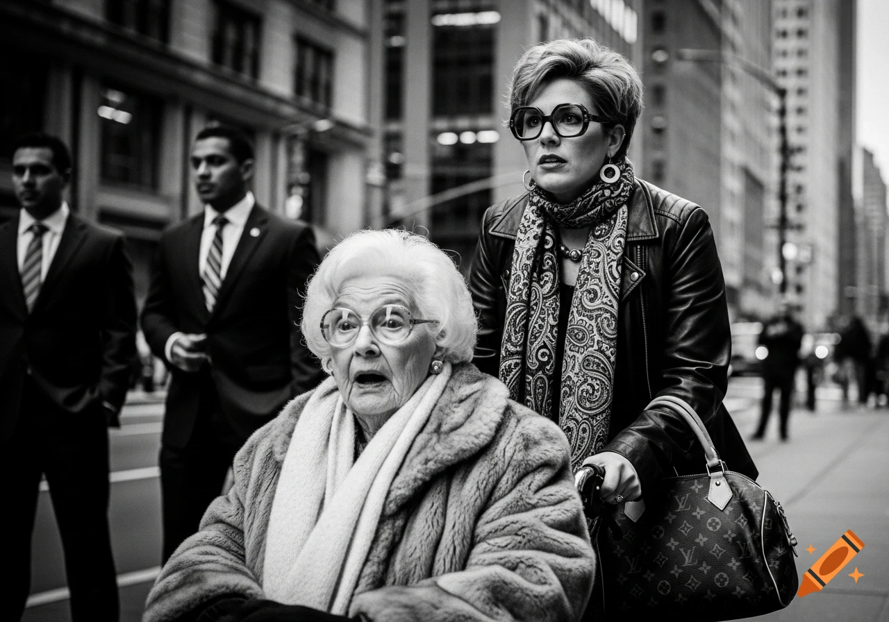 Black-and-white street photograph of an elderly woman in a wheelchair, pushed by a younger woman, on a city street.