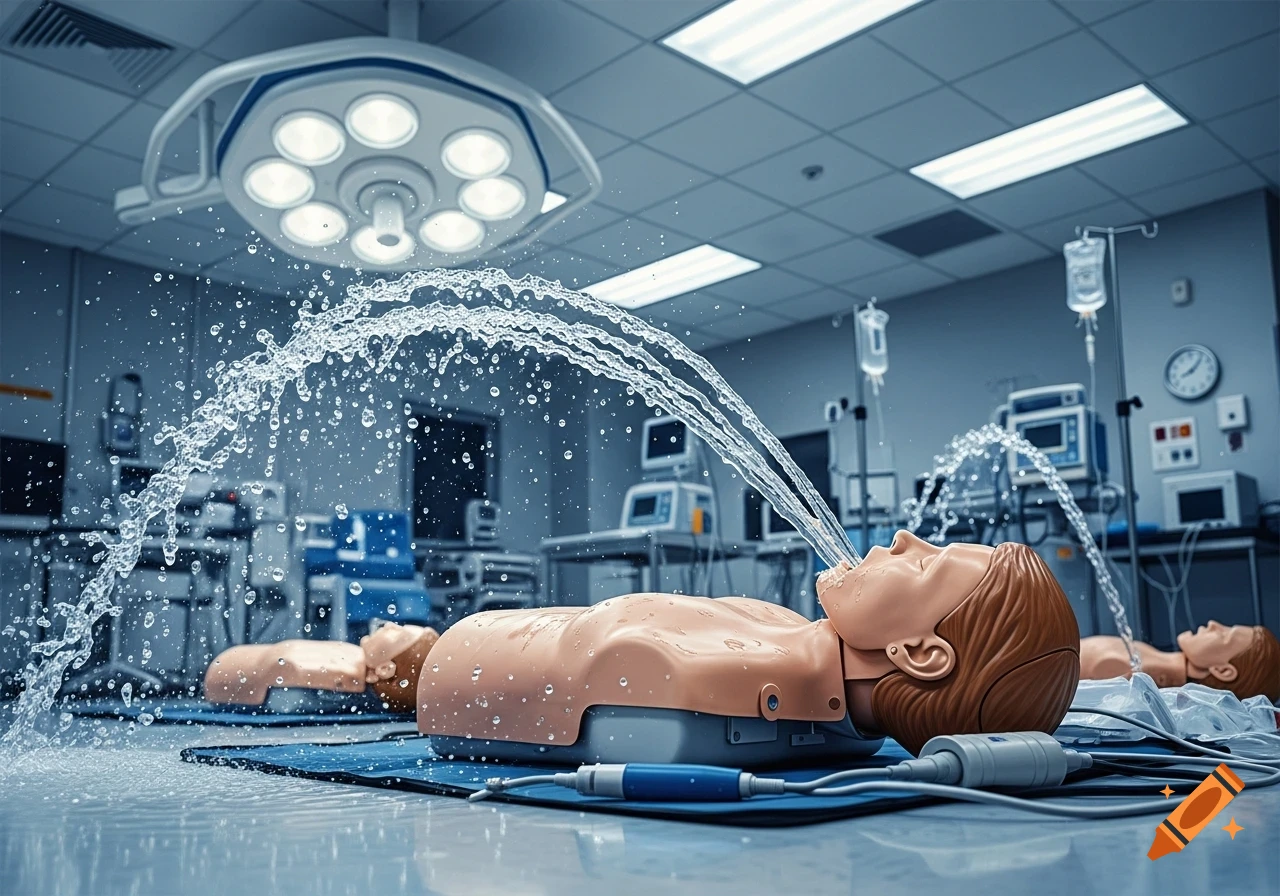 Photorealistic image of CPR training mannequins on an operating room floor, spraying water from their mouths.