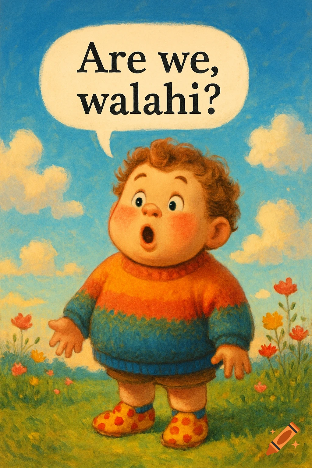 A chubby, curly-haired child in a striped sweater looks surprised with a speech bubble saying 'Are we, walahi?' in a colorful illustrative style.