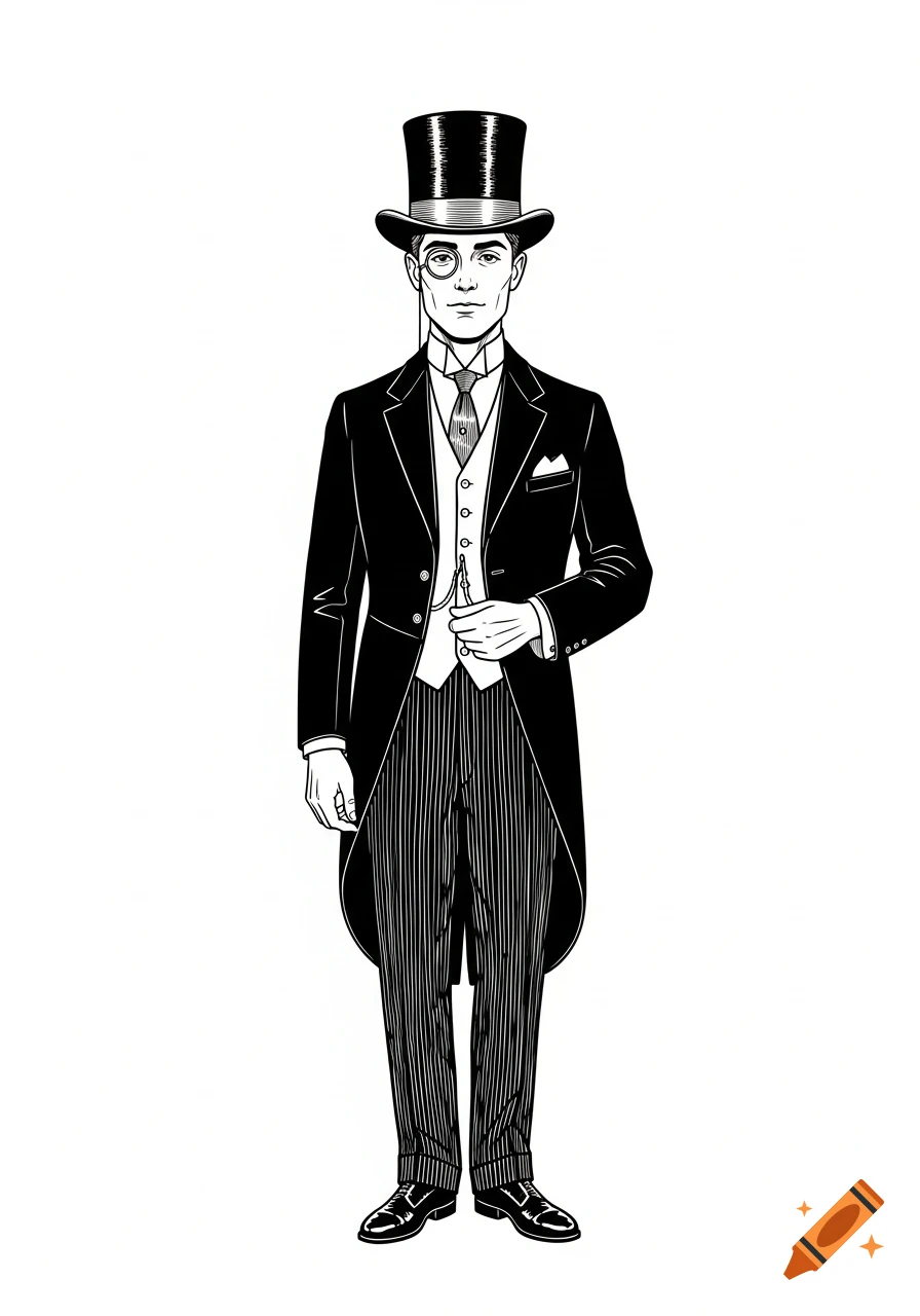 Black and white cartoon drawing of a well-dressed 1920s butler wearing a top hat, monocle, tailcoat, pinstripe trousers, and holding a pocket watch.