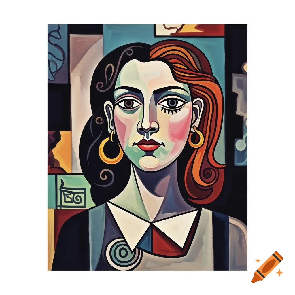 A stylized portrait of a woman with fragmented features and bold colors, in the distinctive cubist style of Picasso.