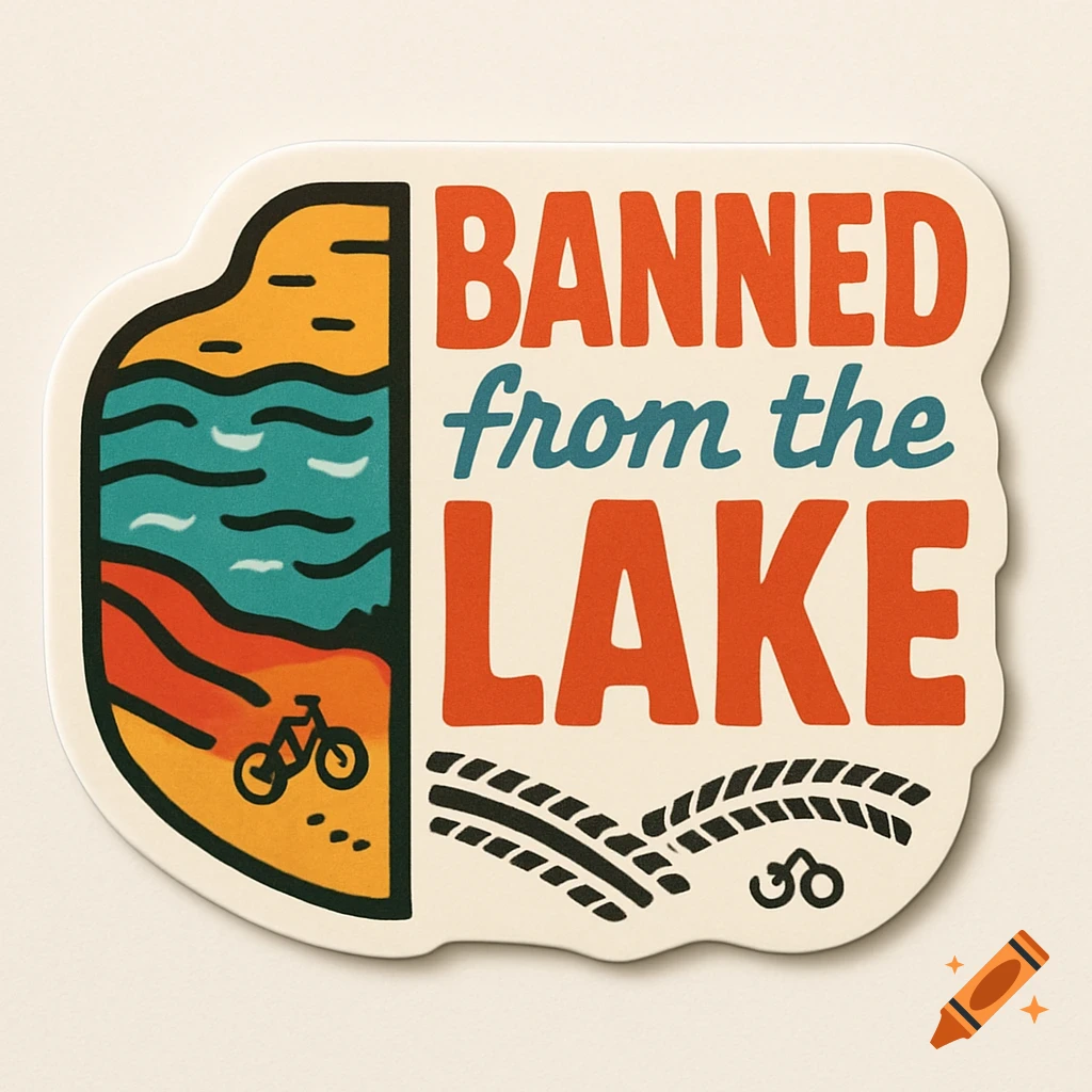 1970s-style die-cut sticker with 'BANNED from the LAKE' text, featuring a lake, land, a bicycle, and tire tracks.