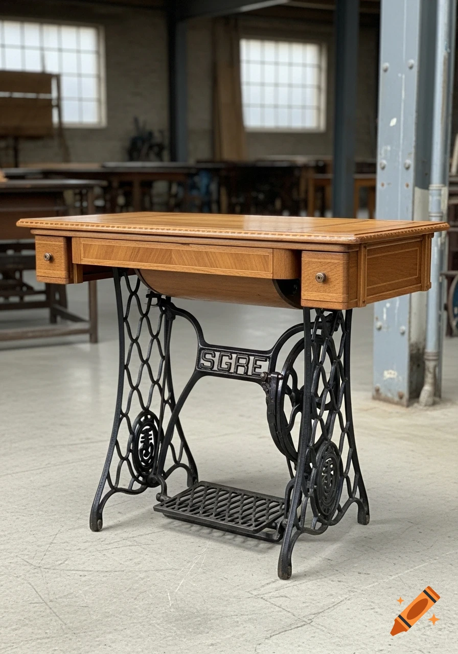A vintage wooden table with drawers on a black cast iron sewing machine base, in an industrial workshop.